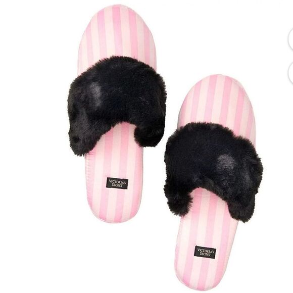 VICTORIA'S SECRET SIGNATURE SATIN SLIPPERS PINK STRIPE WITH FAUX FUR SLIPPER - Picture 1 of 13